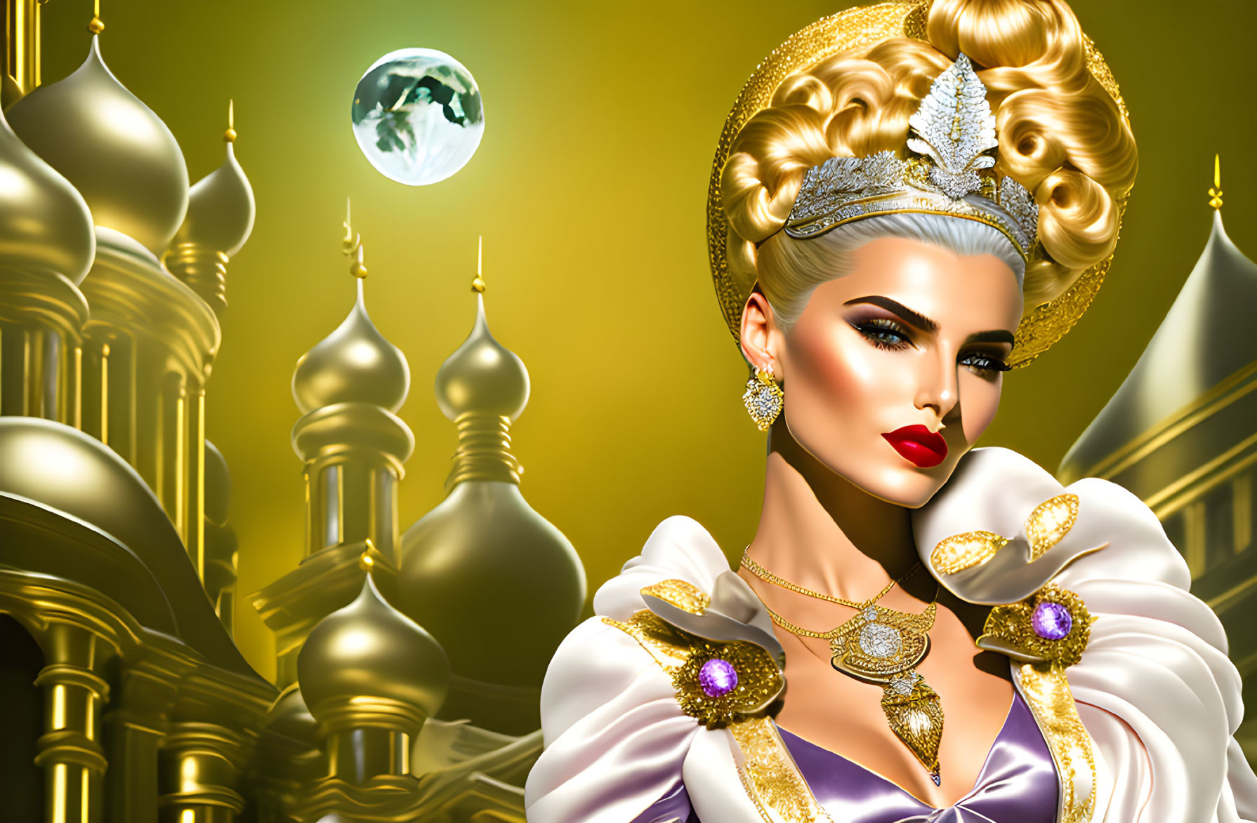 Royal Attired Woman with Golden Hair in Front of Palace with Moon