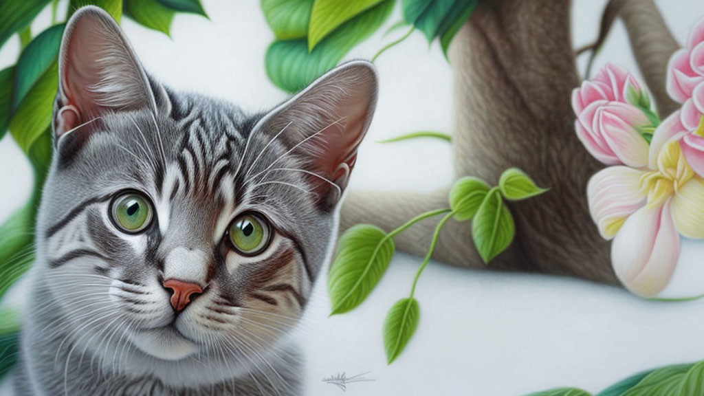 Detailed Hyper-Realistic Grey Striped Cat Drawing Among Green Leaves and Pink Flowers