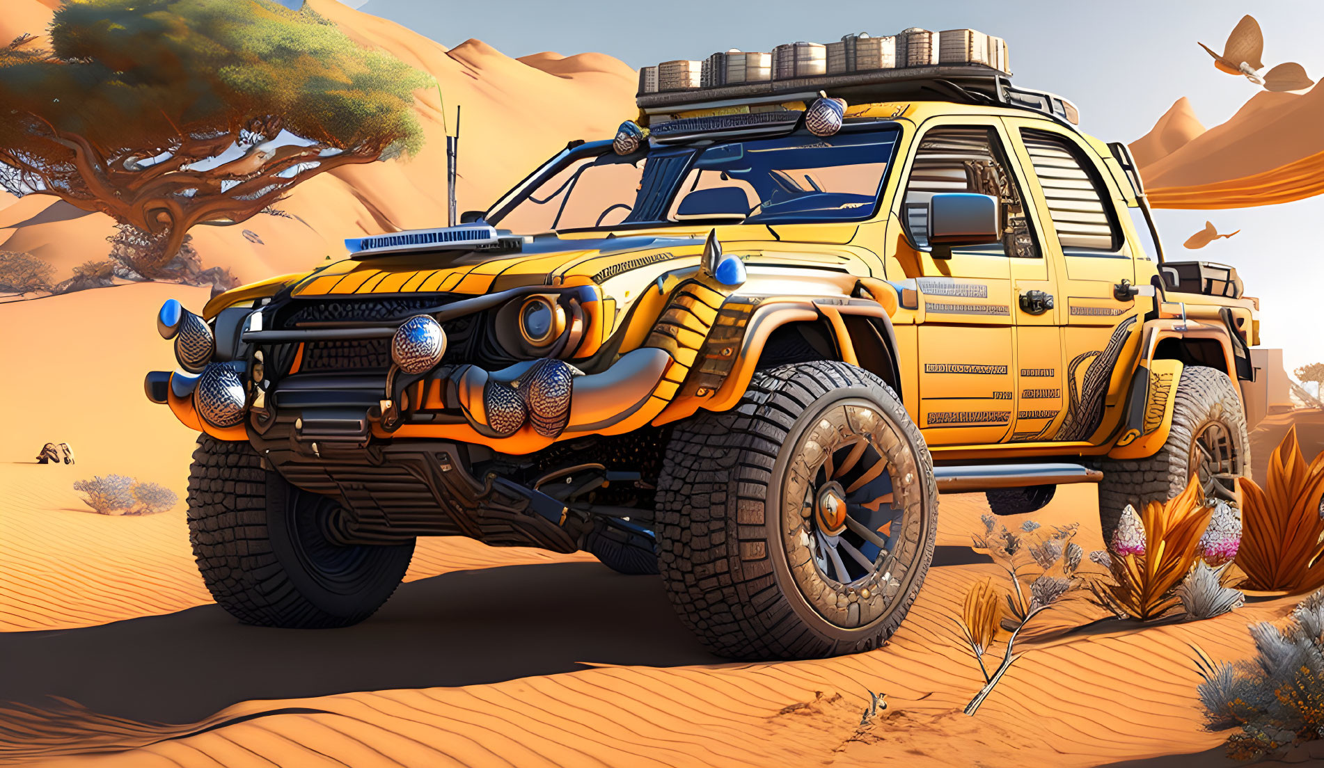 Detailed illustration of yellow off-road vehicle in desert landscape