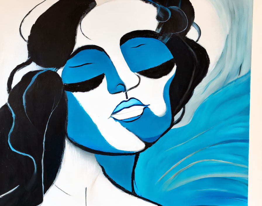 Stylized painting of woman's face with blue accents and abstract lines