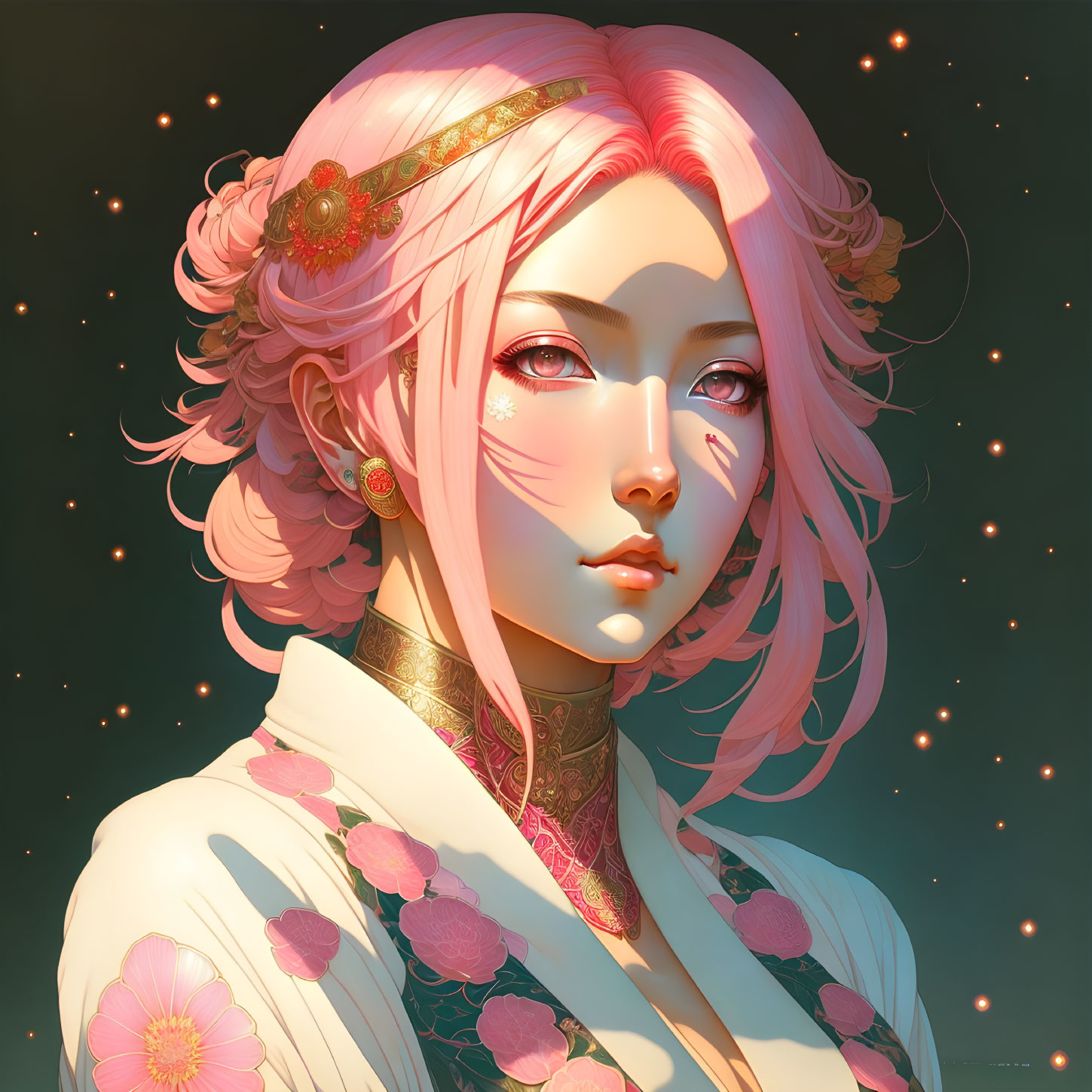 Digital art portrait: Woman with pink hair, flowers, golden headpiece, starry background