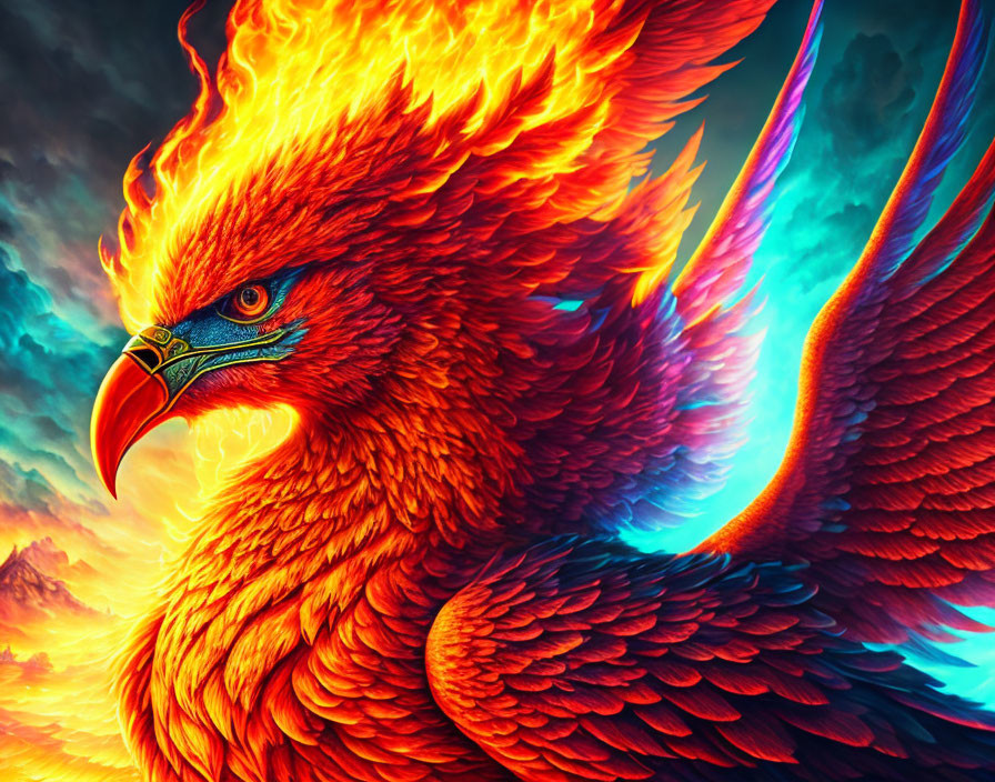 Colorful Phoenix Illustration with Fiery Wings and Majestic Aura against Dramatic Sky and Mountain.