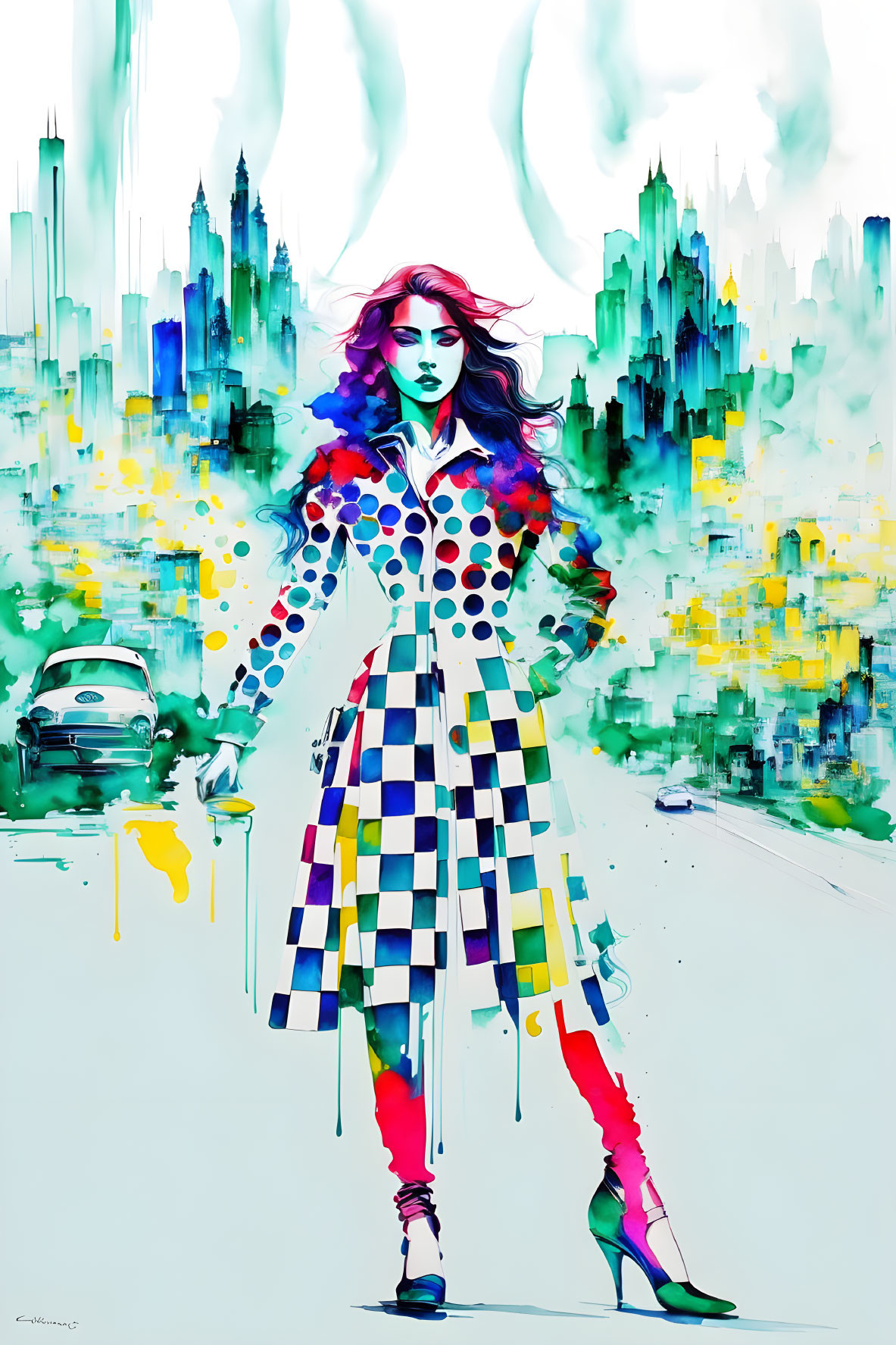 Colorful Checkered Coat Woman Walking in Abstract Cityscape Painting