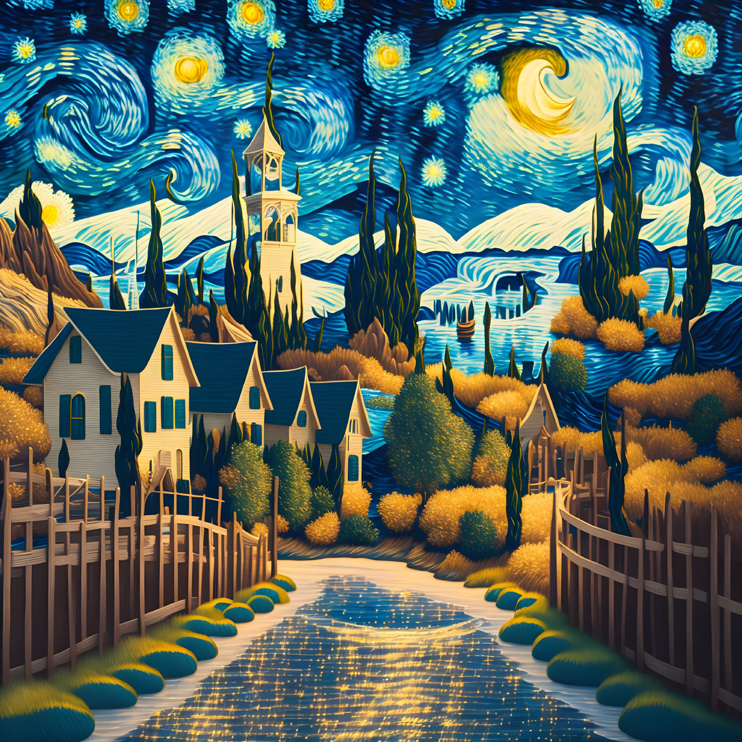 Vibrant Nocturnal Landscape with Swirling Skies and Village