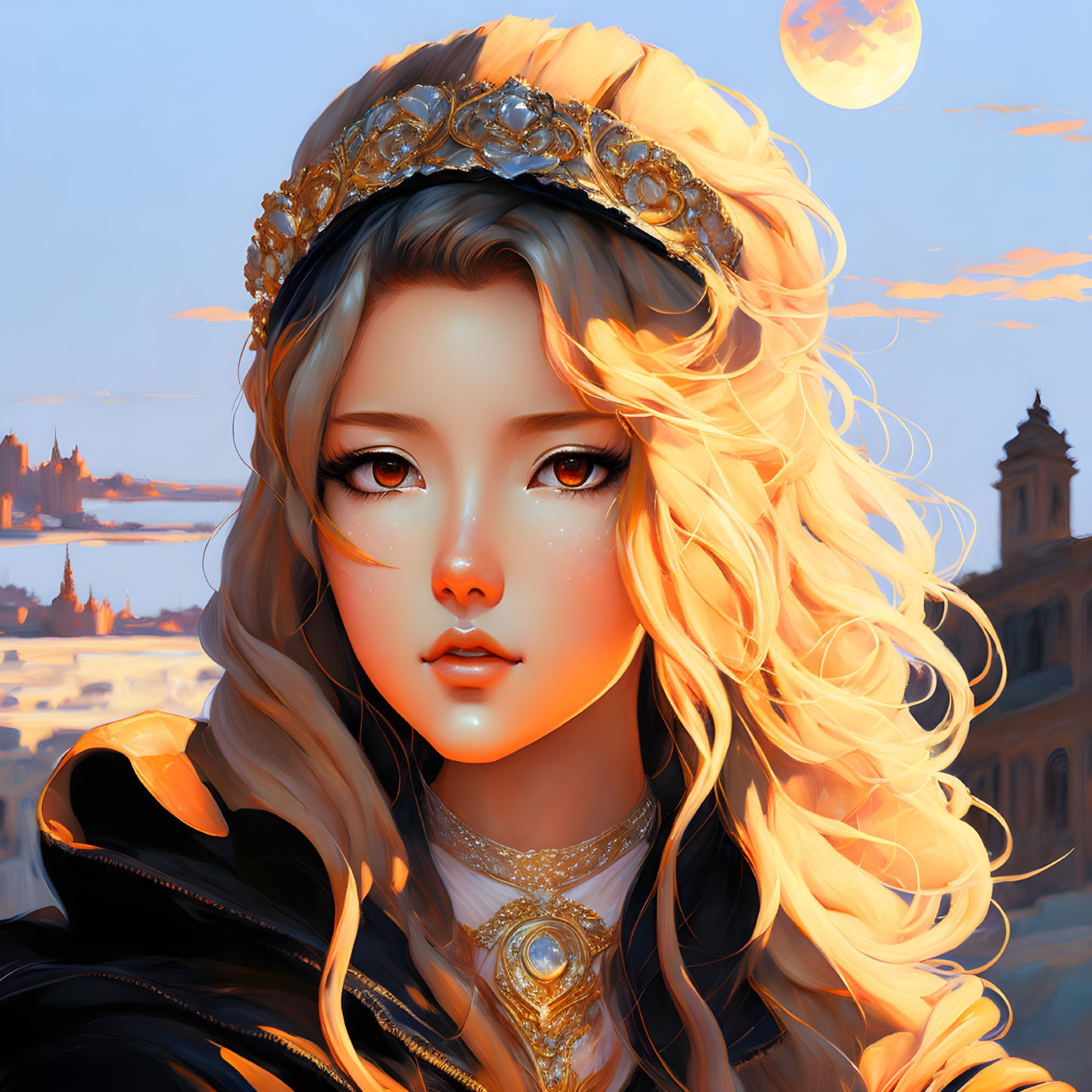 Golden-haired woman with crown in cityscape with moon.