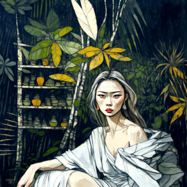 Contemplative woman in white garment by potted plants in jungle setting