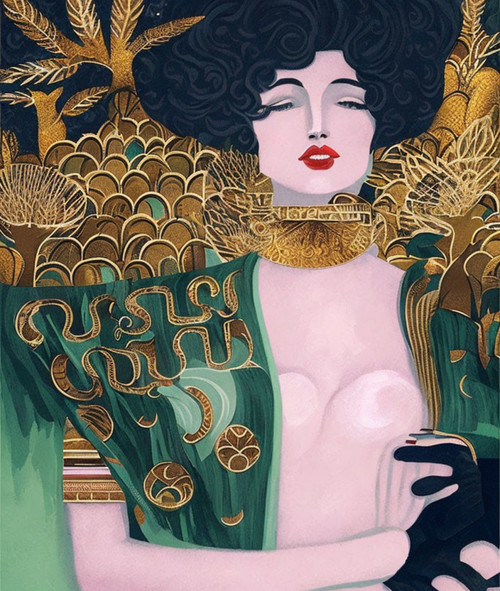 Art Nouveau-style Woman Illustration with Black Hair and Red Lips