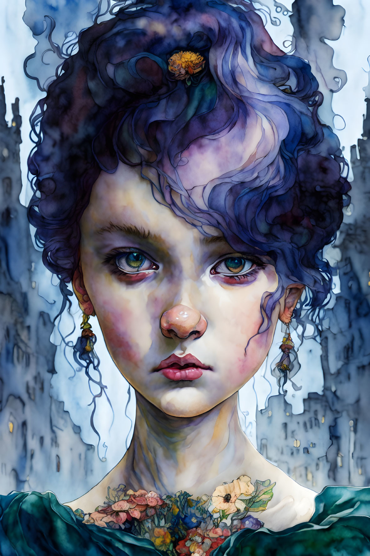 Young girl digital artwork with blue and purple hair and floral elements against castle backdrop