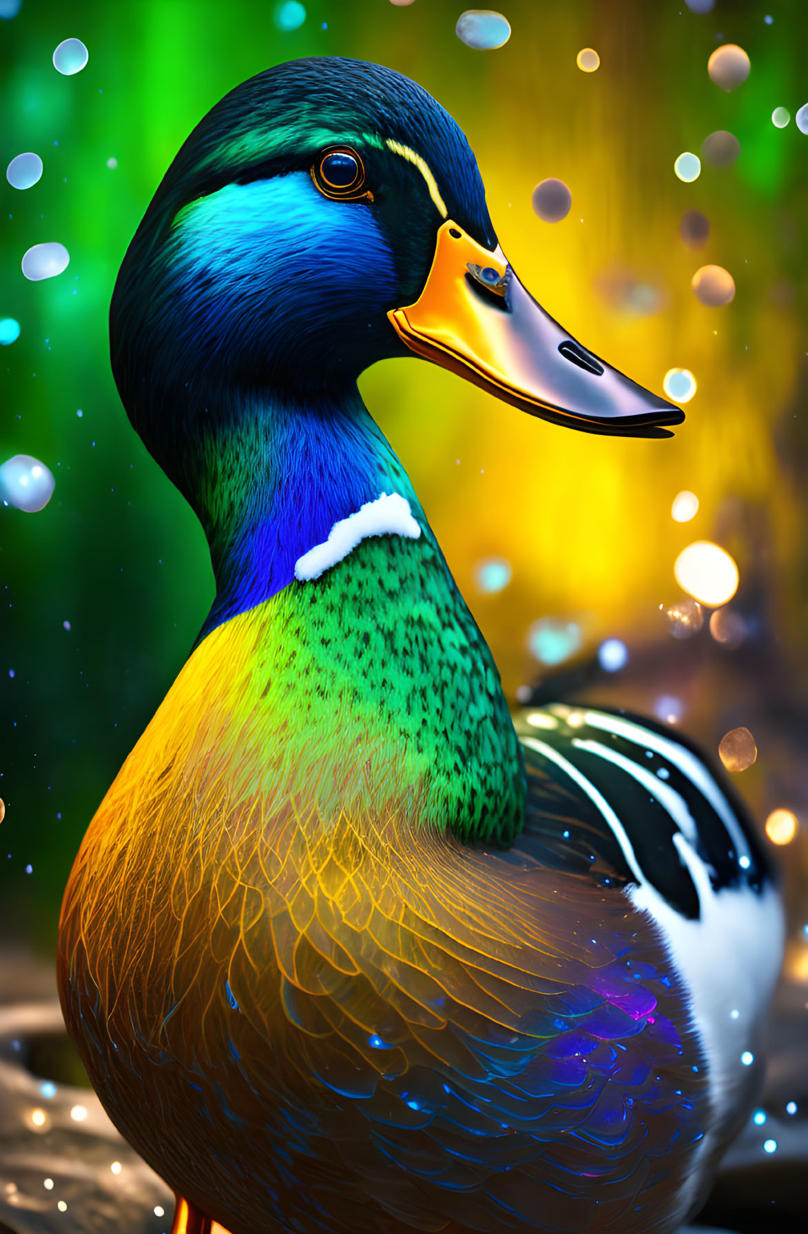 Colorful Mallard Duck Digital Art Against Green Bokeh Background