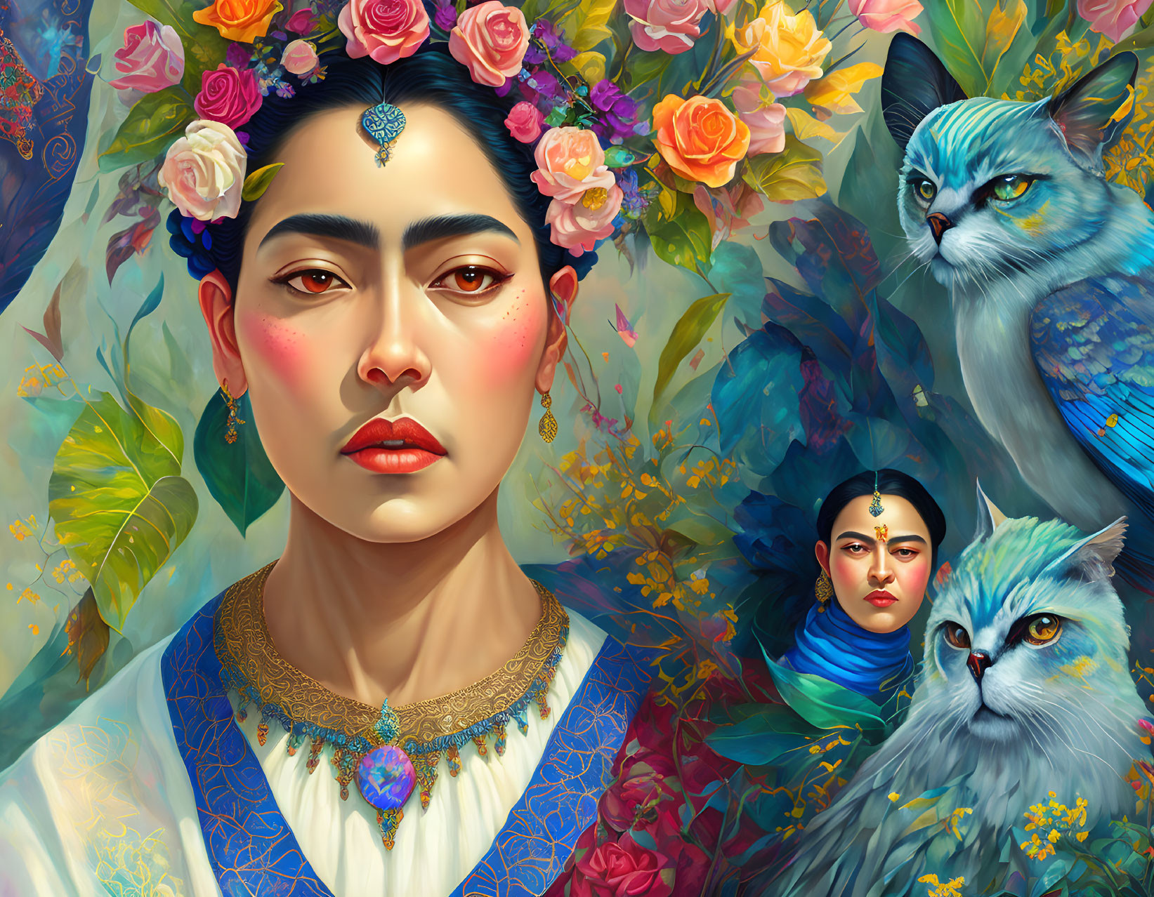 Colorful Portrait of Woman with Floral Backdrop and Surreal Cats