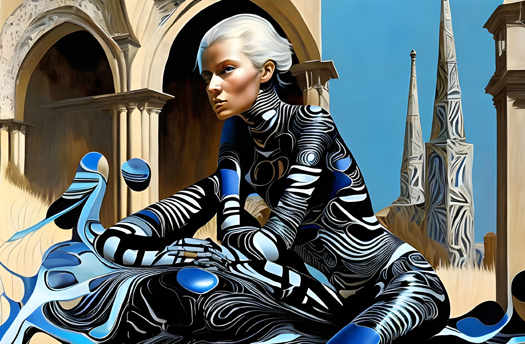 Futuristic female figure in black and white bodysuit against architectural backdrop