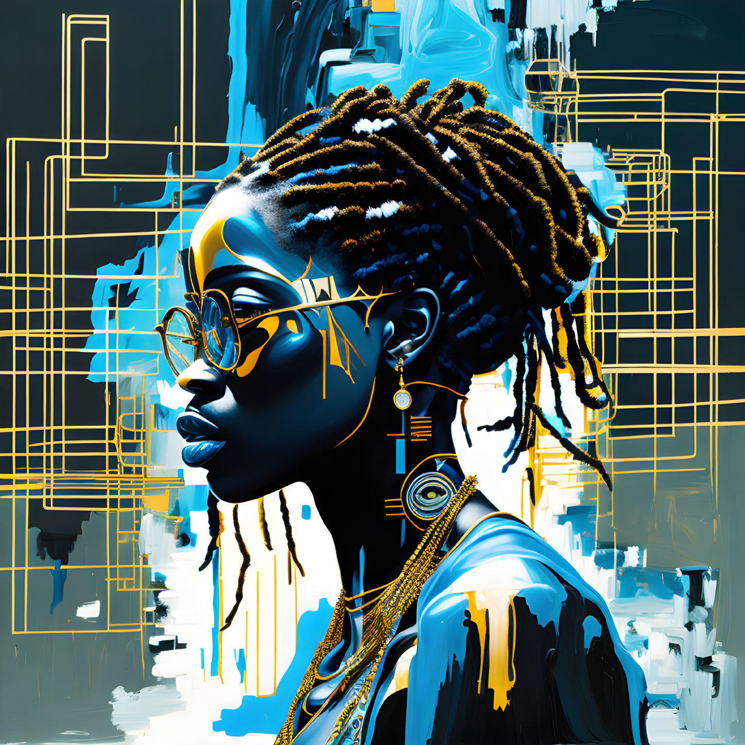 Digital artwork: Woman with braids, glasses, gold jewelry on blue and yellow backdrop