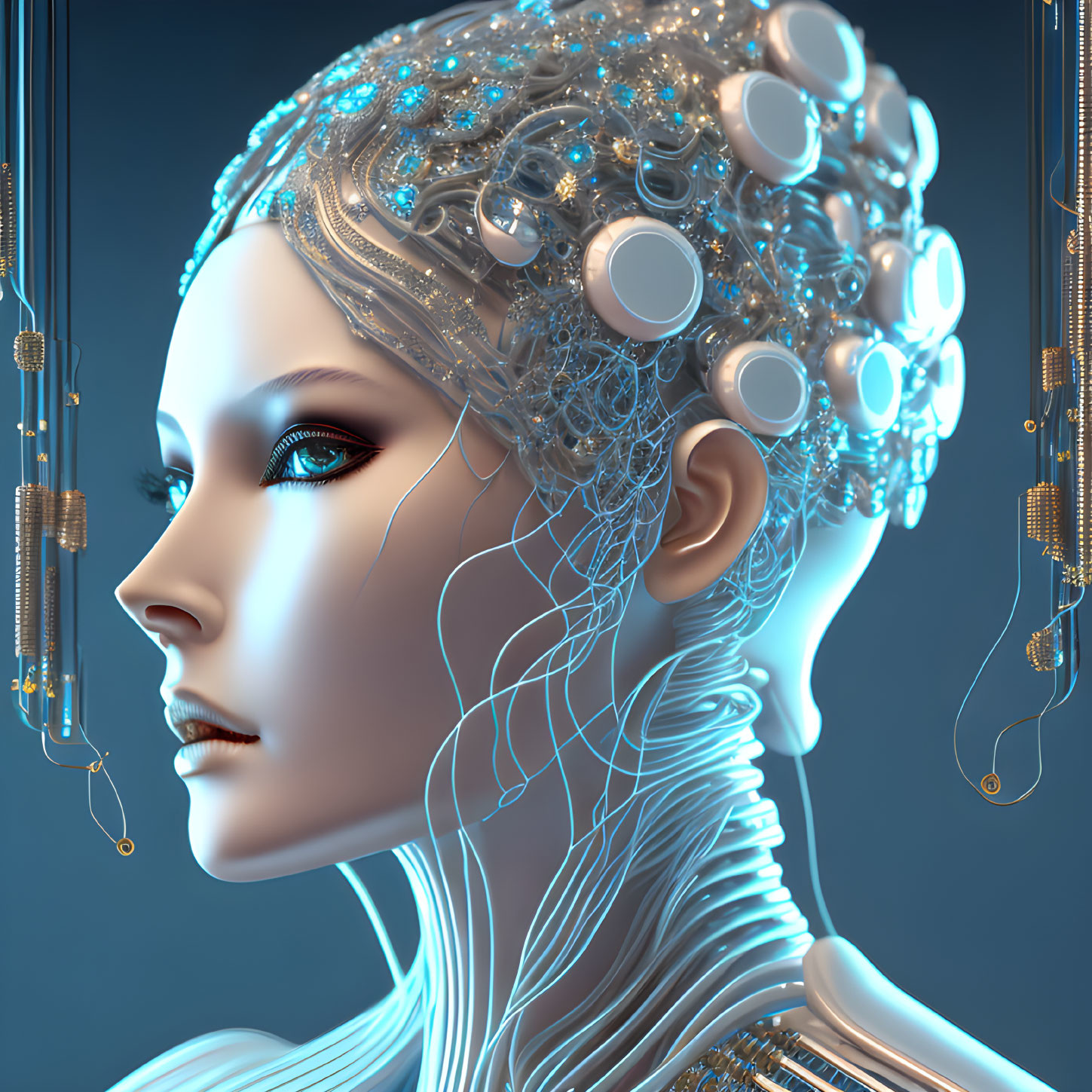 Female figure with cybernetic enhancements and intricate headpiece on blue background