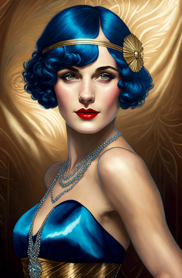 Woman with Blue Hair and 1920s Style Outfit on Golden Background