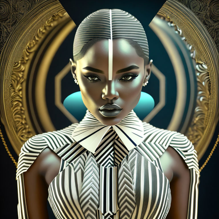 Geometric digital portrait of a woman in intricate outfit