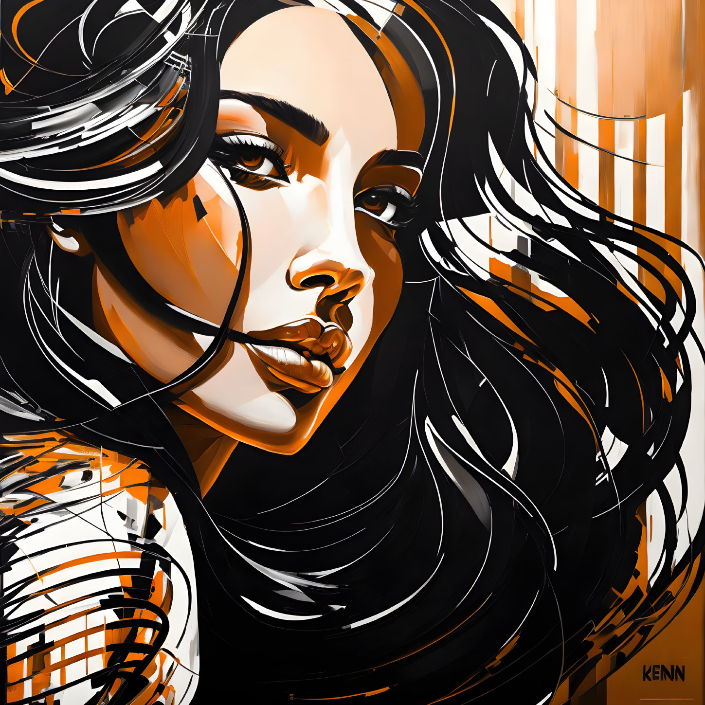 Woman's portrait with flowing black hair in bold orange and brown colors