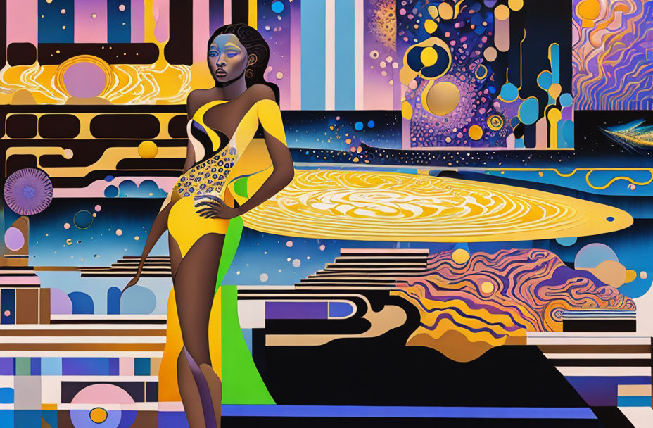 Colorful Digital Art: Stylized Woman in Yellow Outfit with Cosmic Background