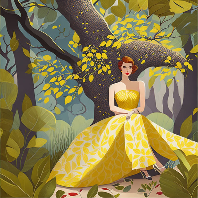 Woman in Yellow Gown Sitting Under Tree with Green and Yellow Leaves