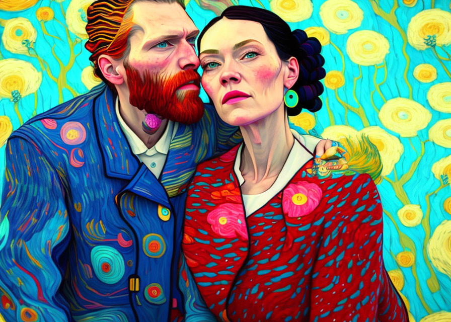 Vibrant bearded man and woman in patterned clothing against sunflower background