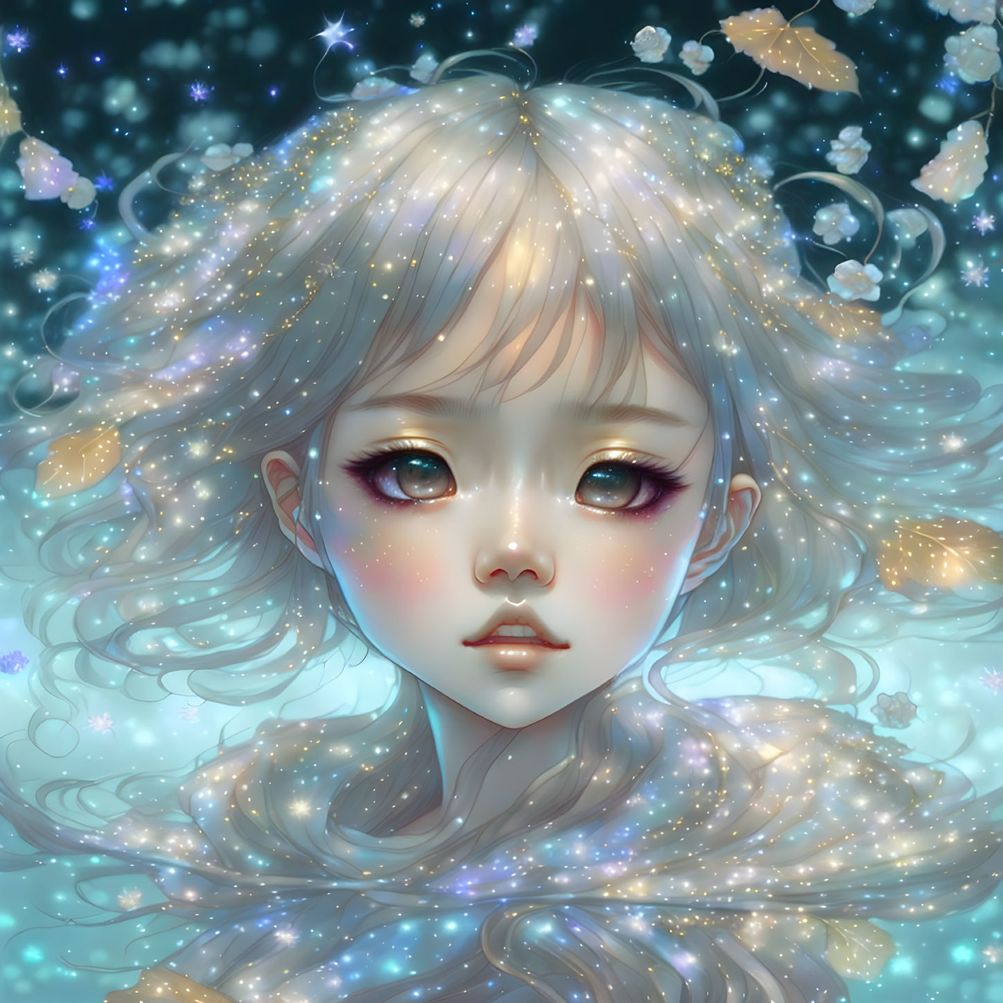 Stylized young girl with large eyes in starry night digital art