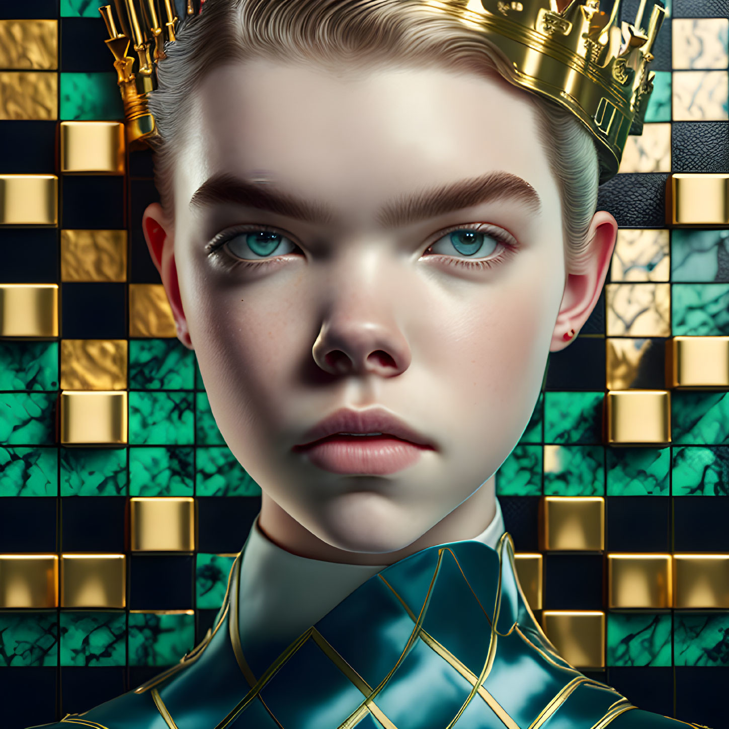 Regal individual with gold crown and chess motif backdrop