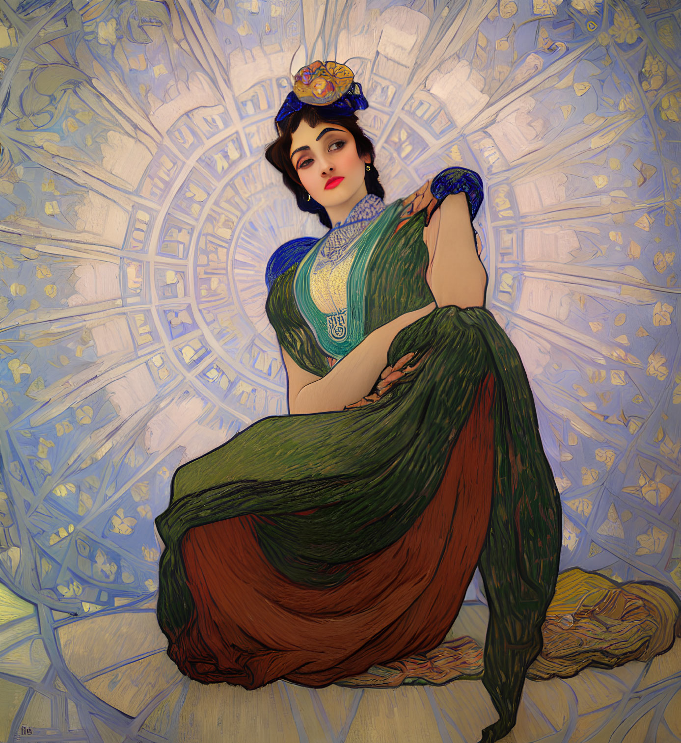 Elegant woman in art nouveau style with green dress and floral hat