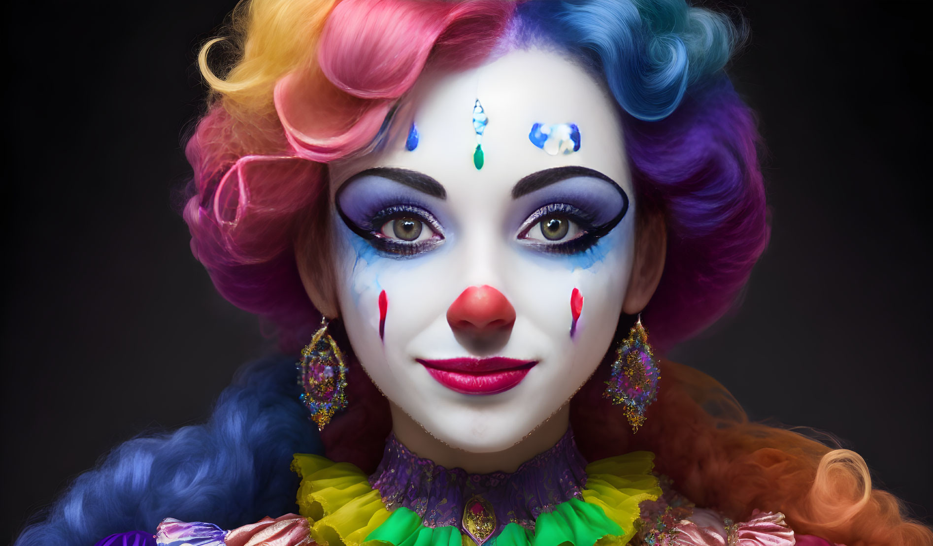 Colorful clown portrait with teardrop, red nose, and expressive gaze