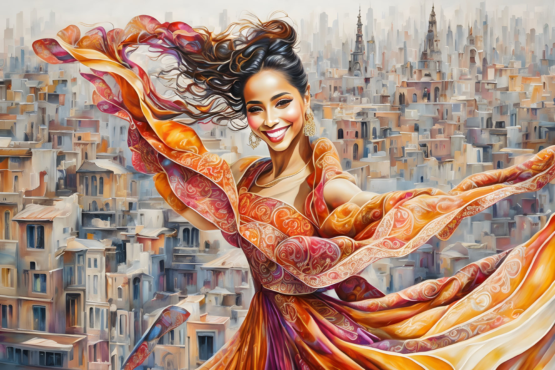 Colorful Dress Woman Dancing Amid Cityscape Buildings