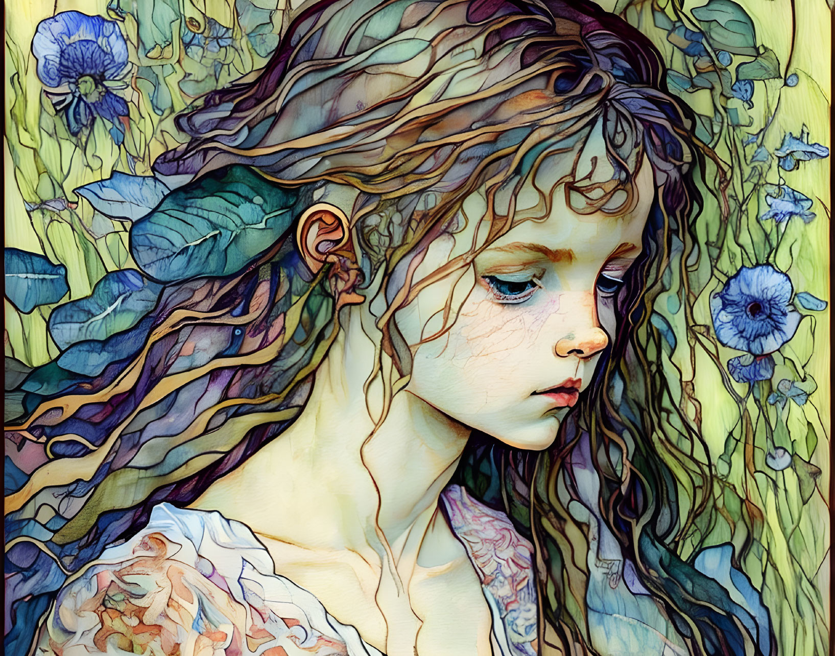 Young girl with flowing hair among blue flowers in dreamlike portrait.