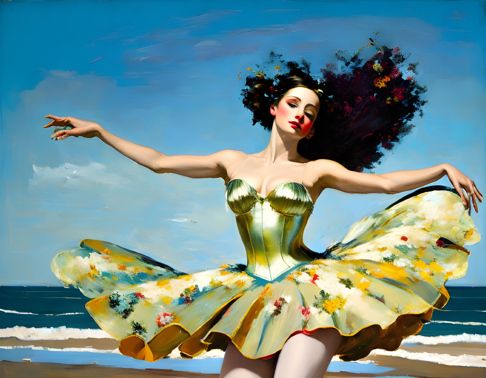 Vibrant painting of woman in flowing dress dancing on beach