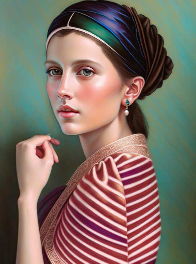 Young woman with headband and braided hair in classic portrait style