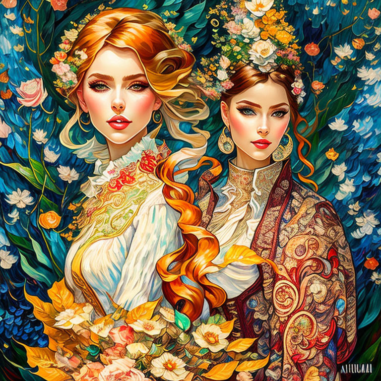 Detailed portrait of two women with floral and patterned designs, flowing hair, and expressive eyes against a