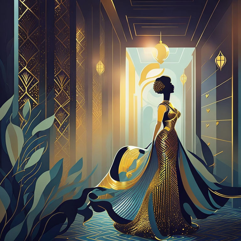 Elegant woman in gold-and-black gown in luxurious art deco hallway