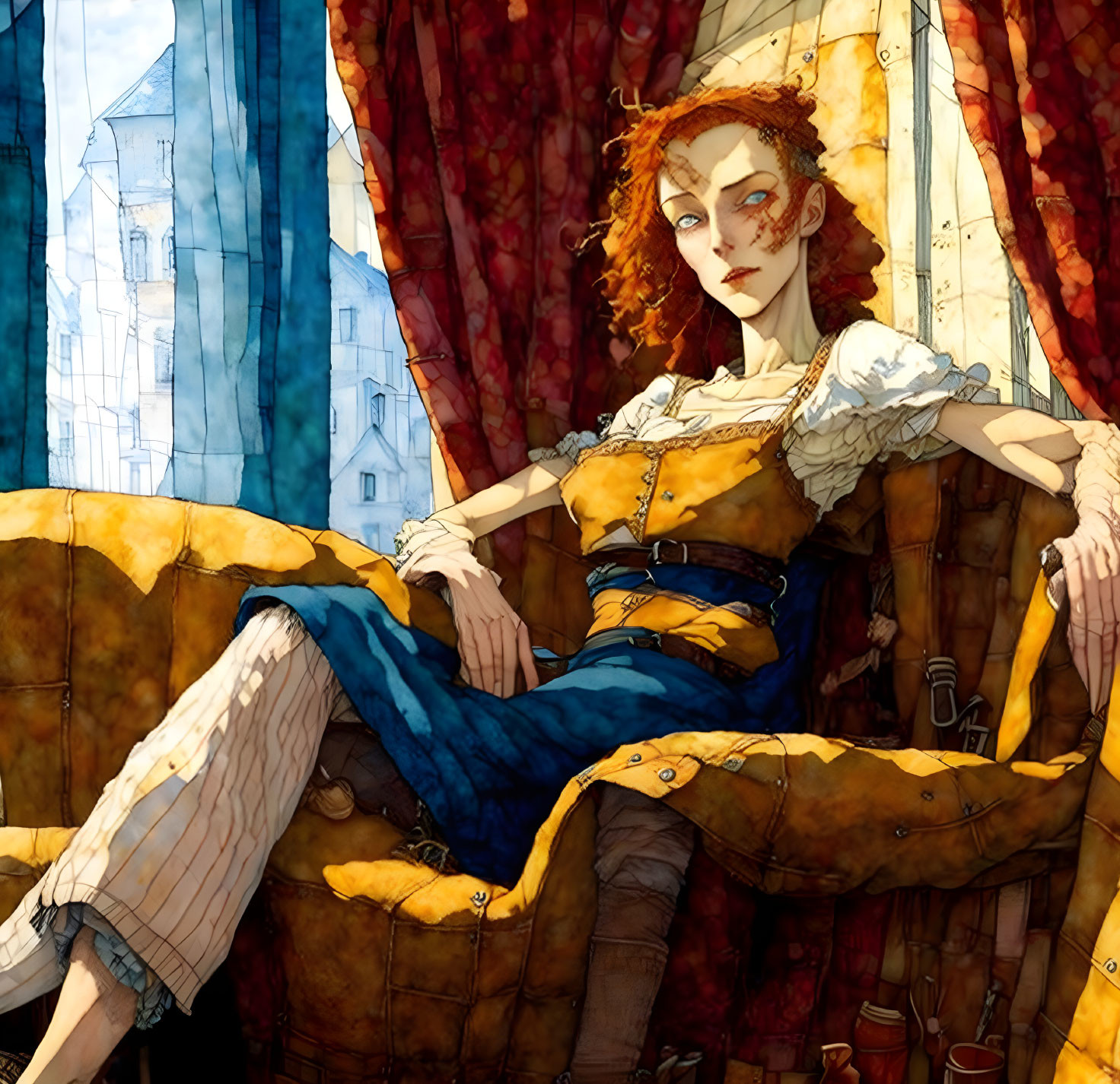 Stylized illustration of woman with red hair and freckles in period clothing on yellow chair with