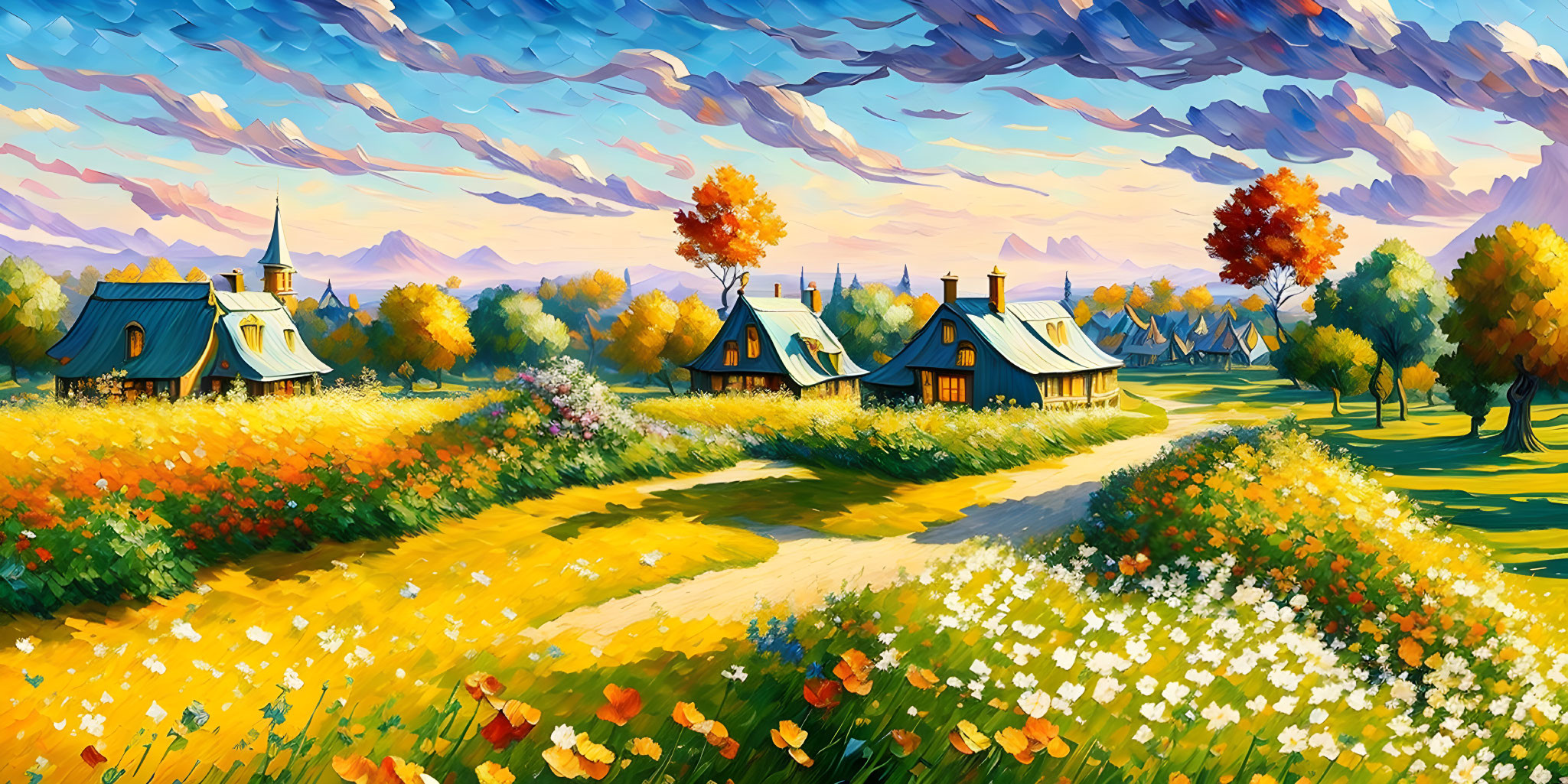 Colorful Countryside Landscape with Cottages, Winding Path, and Flora