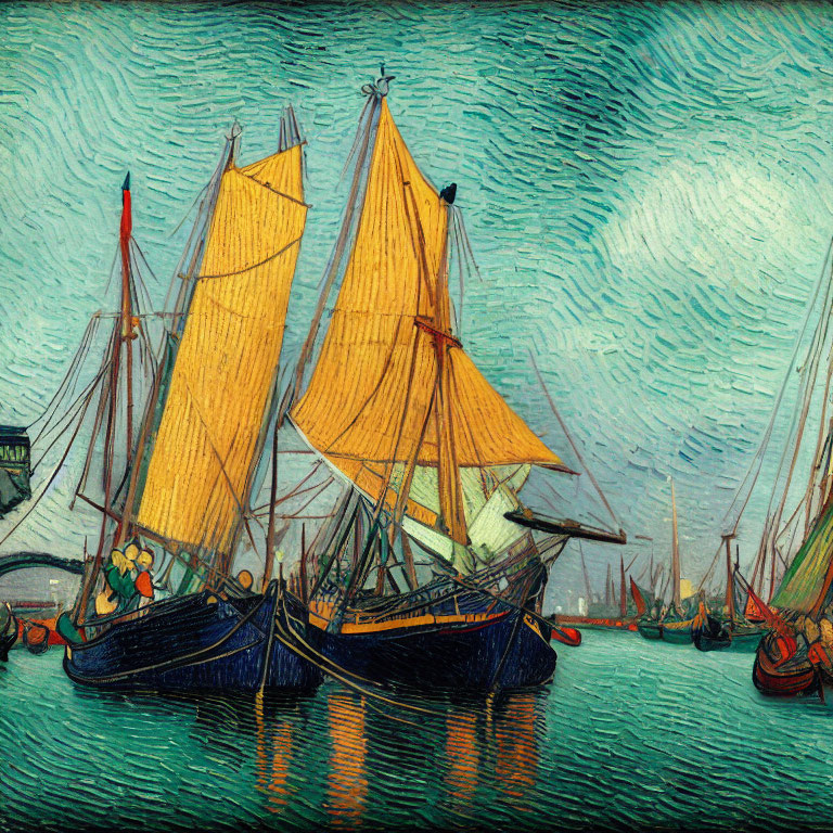 Vibrant Impressionist painting of sailboats in swirling sea