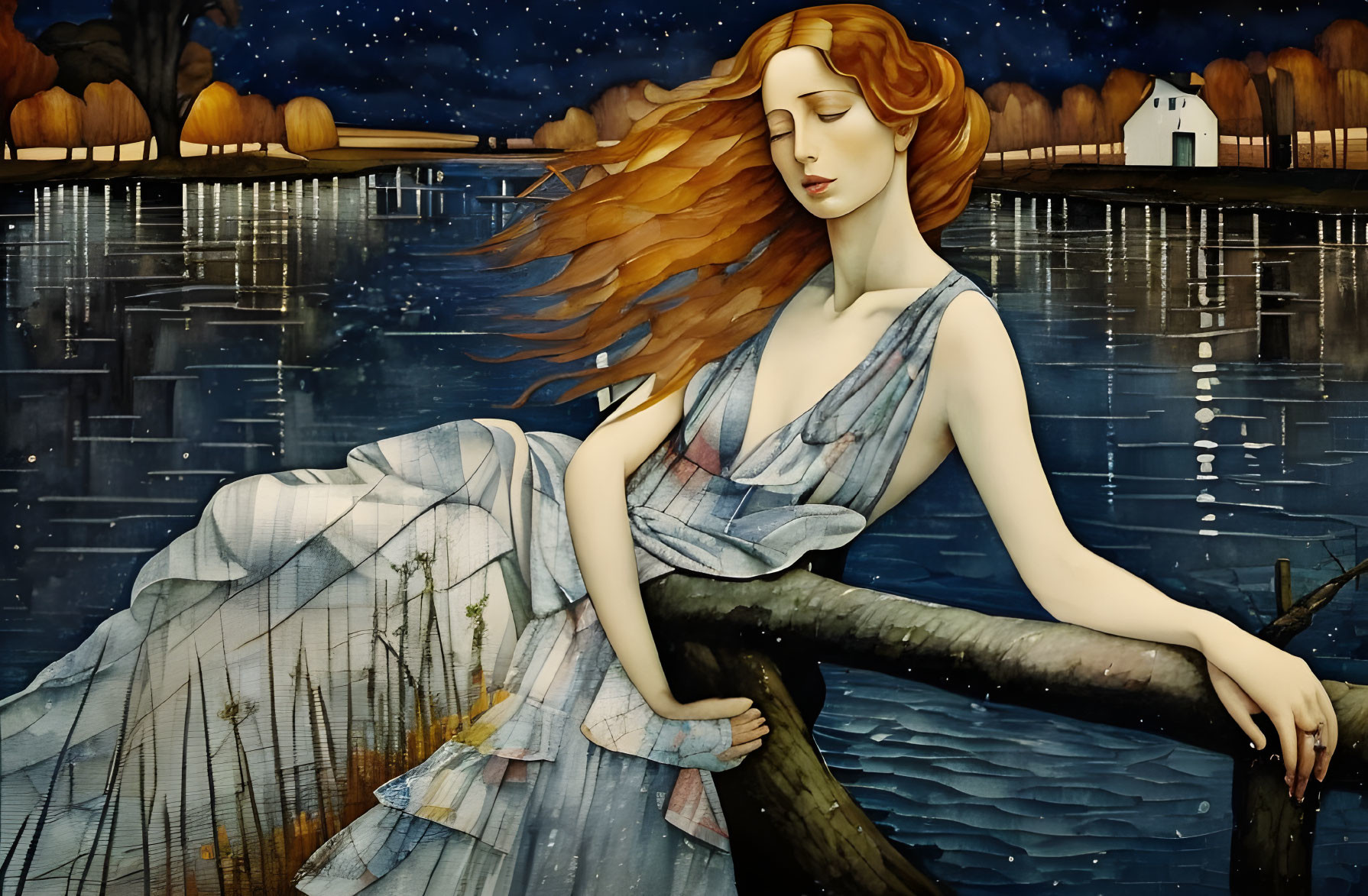 Stylized painting of woman with red hair by lake at night