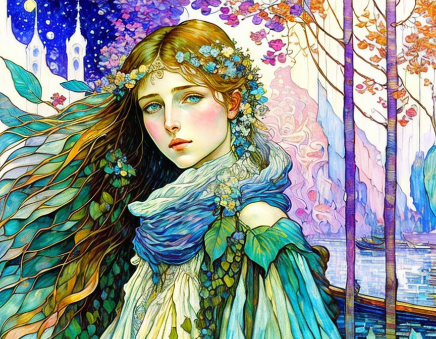 Illustrated woman with flowing hair and flowers in blue scarf against whimsical castle background