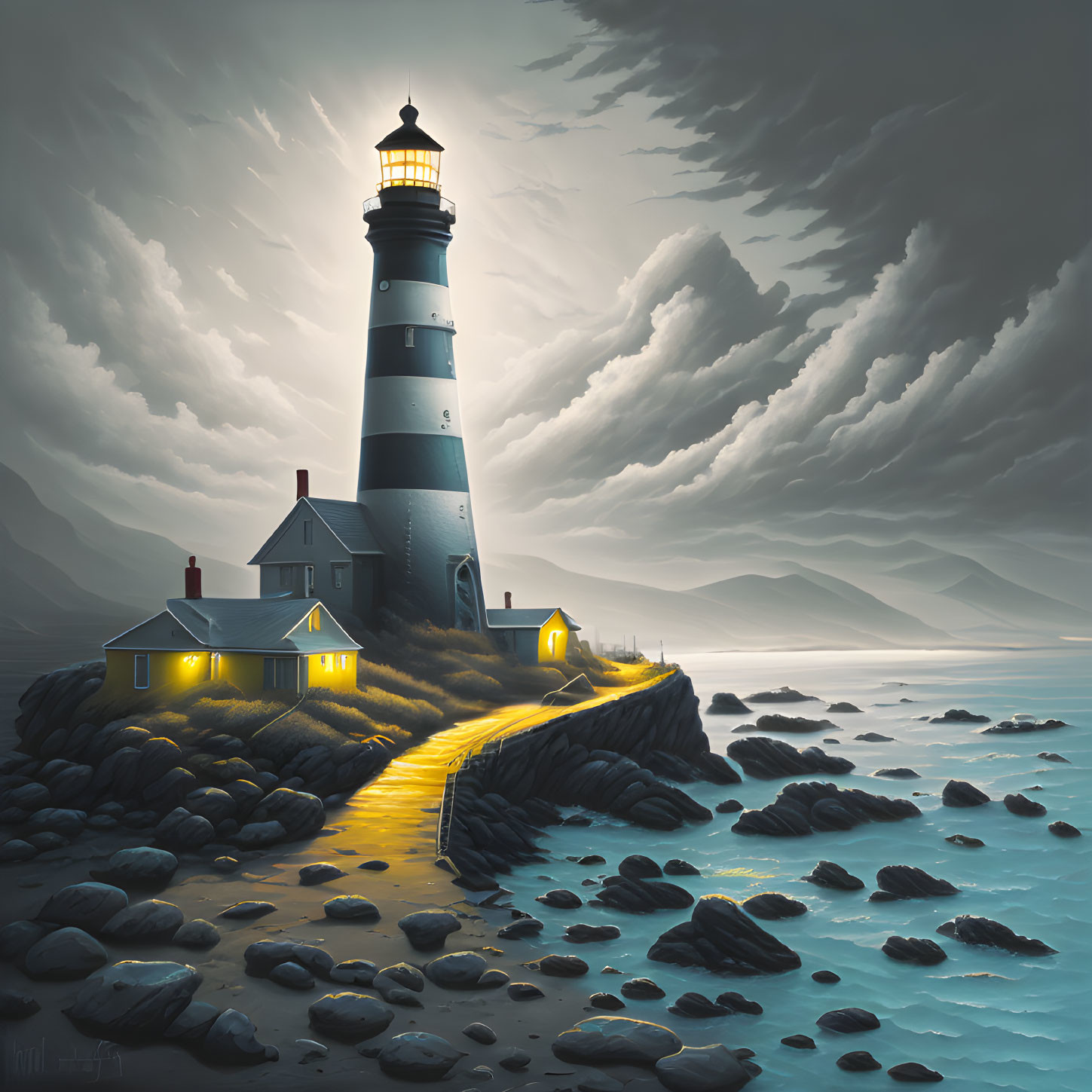 Lighthouse illustration at dusk with dramatic skies