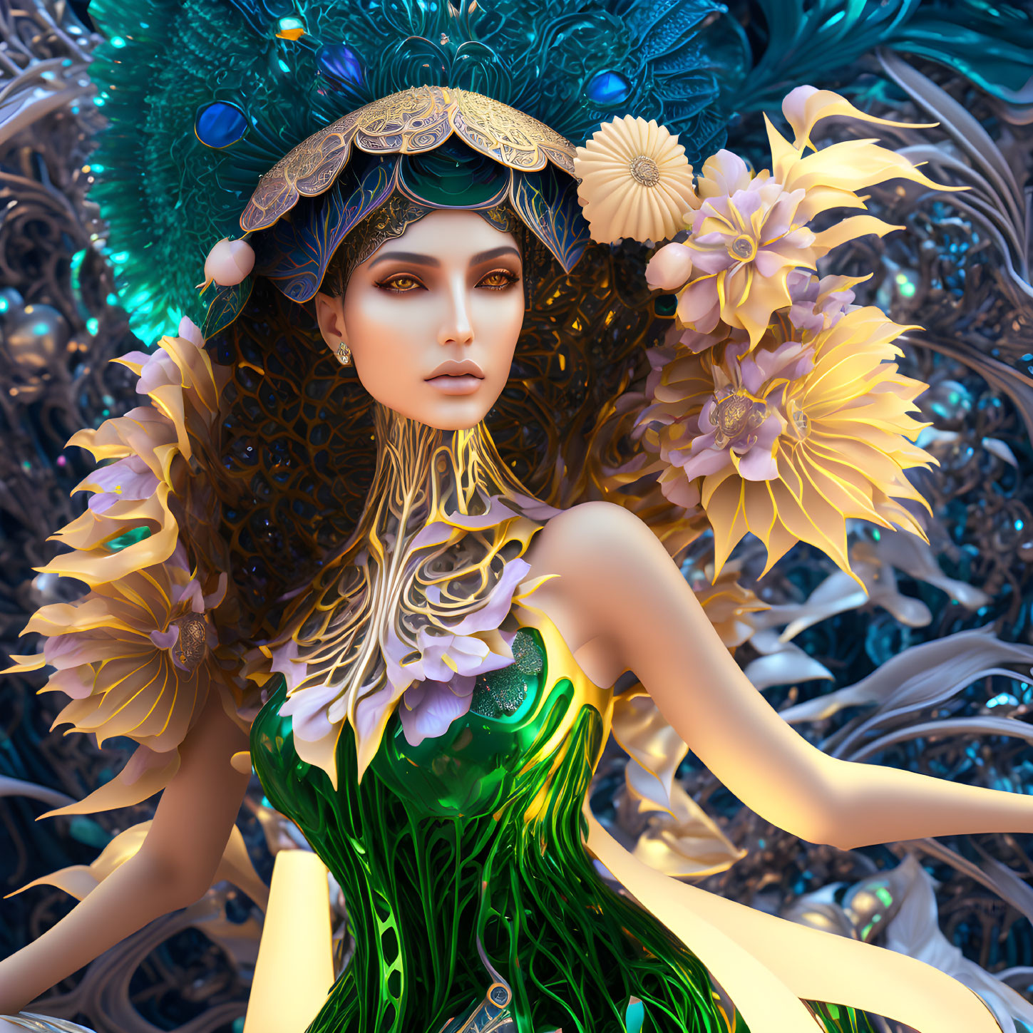 Elaborate gold headdress on woman in digital artwork