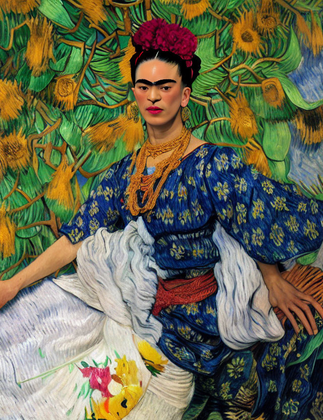 Digital artwork: Frida Kahlo merged with Van Gogh's "Sunflowers" in traditional attire