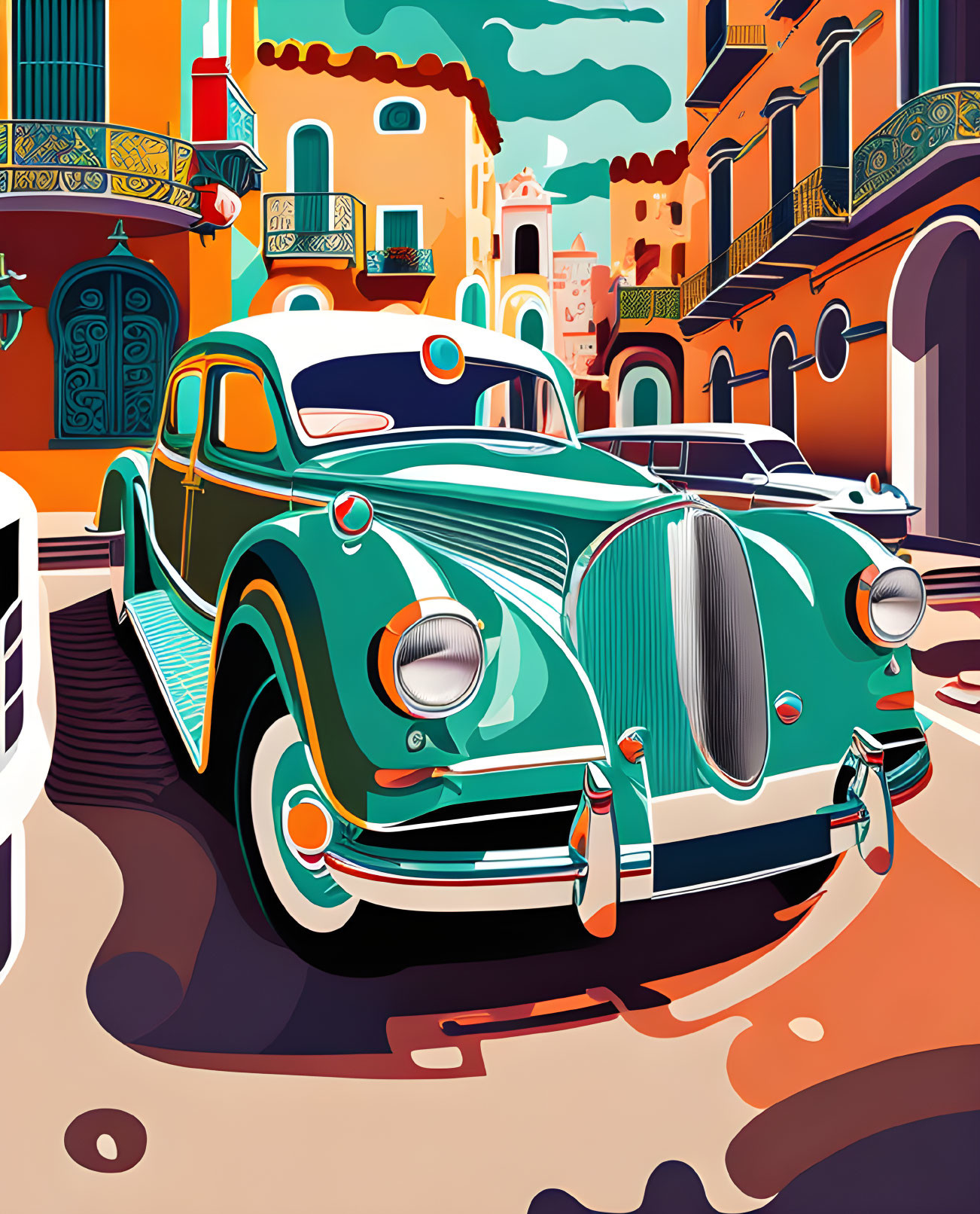 Colorful illustration of green car on vibrant streetscape