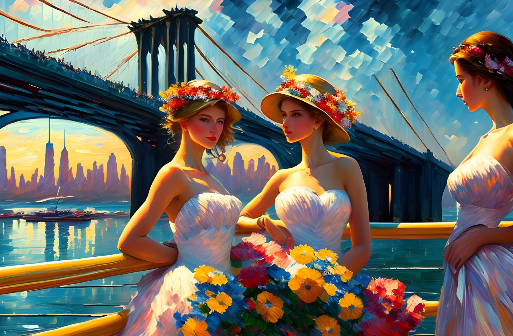 Two women in floral crowns and white dresses by a colorful city bridge.