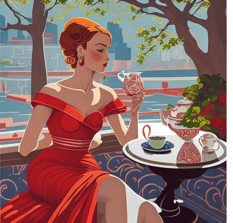 Woman in Red Dress Sipping Tea on Balcony Overlooking Water