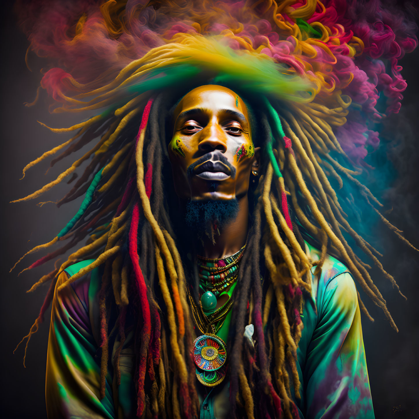 Serene person with dreadlocks in colorful smoke on dark background