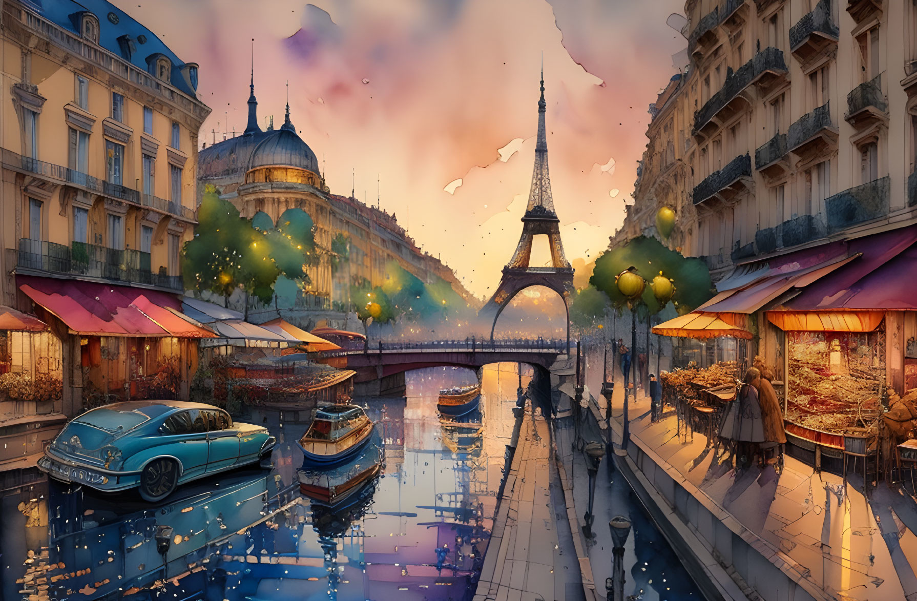 Parisian Street Sunset Scene with Eiffel Tower, Vintage Car, and Market Canal