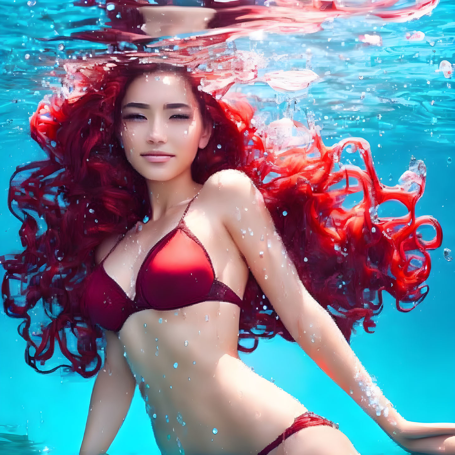 Red-haired woman swimming underwater in clear blue pool with bubbles, wearing red bikini