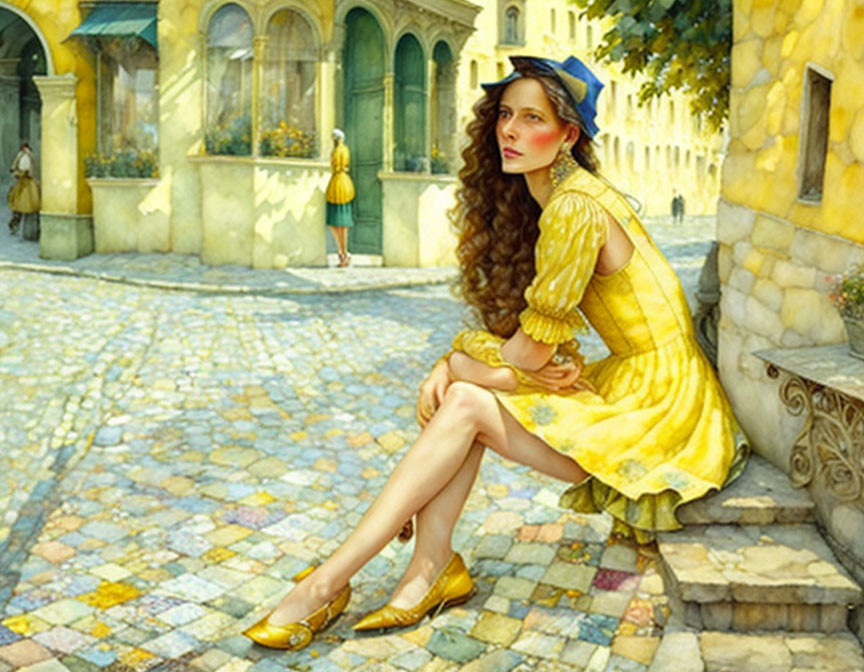 Woman in Yellow Dress and Hat Sitting on Cobblestone Street