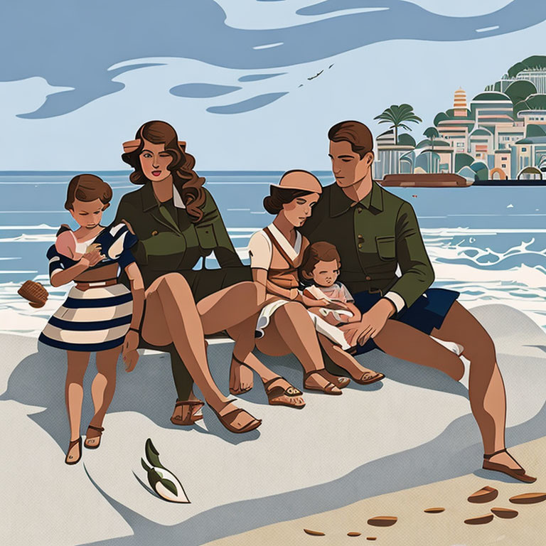 Vintage-style family illustration on beach with coastal town background