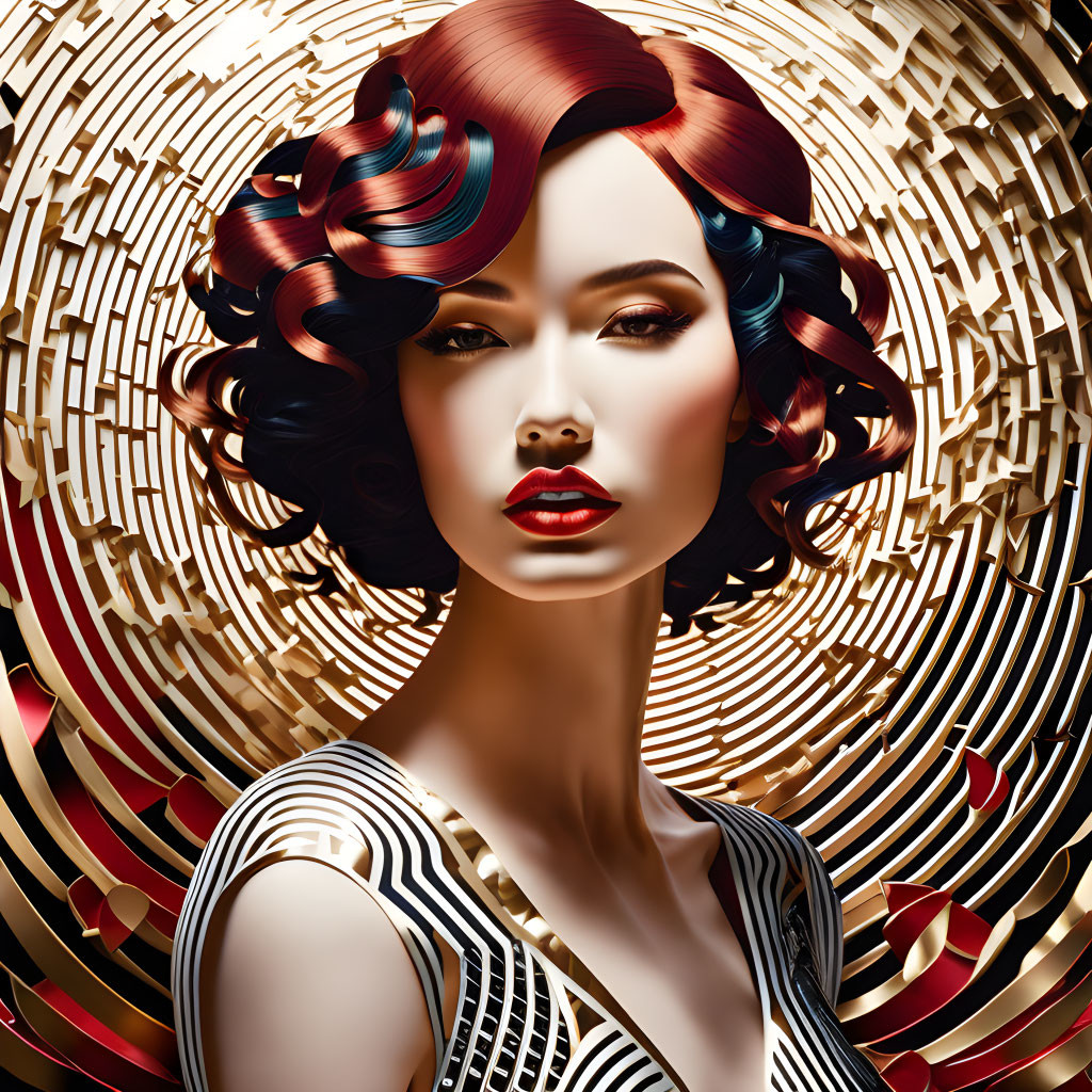 Stylized illustration of woman with maroon hair and red lipstick on geometric golden background